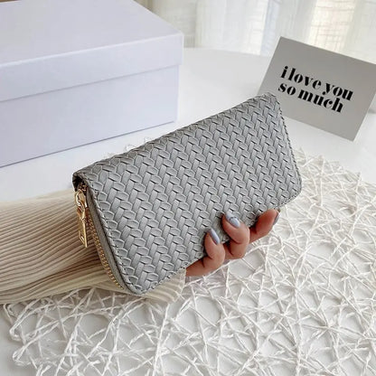 Women's Wallet Fashion Zipper Handbag Retro Women's Coin Purse Mobile Phone Bag PU Leather Woven Card Holder Money Bag