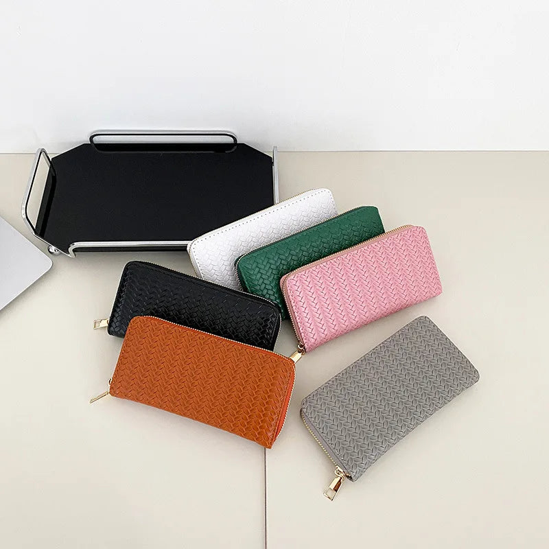 Women's Wallet Fashion Zipper Handbag Retro Women's Coin Purse Mobile Phone Bag PU Leather Woven Card Holder Money Bag
