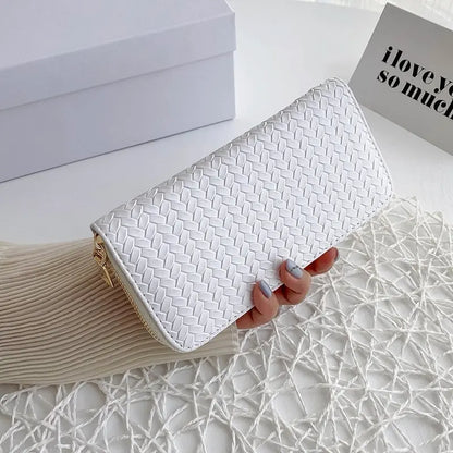 Women's Wallet Fashion Zipper Handbag Retro Women's Coin Purse Mobile Phone Bag PU Leather Woven Card Holder Money Bag