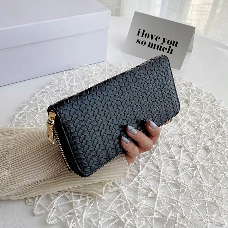 Women's Wallet Fashion Zipper Handbag Retro Women's Coin Purse Mobile Phone Bag PU Leather Woven Card Holder Money Bag