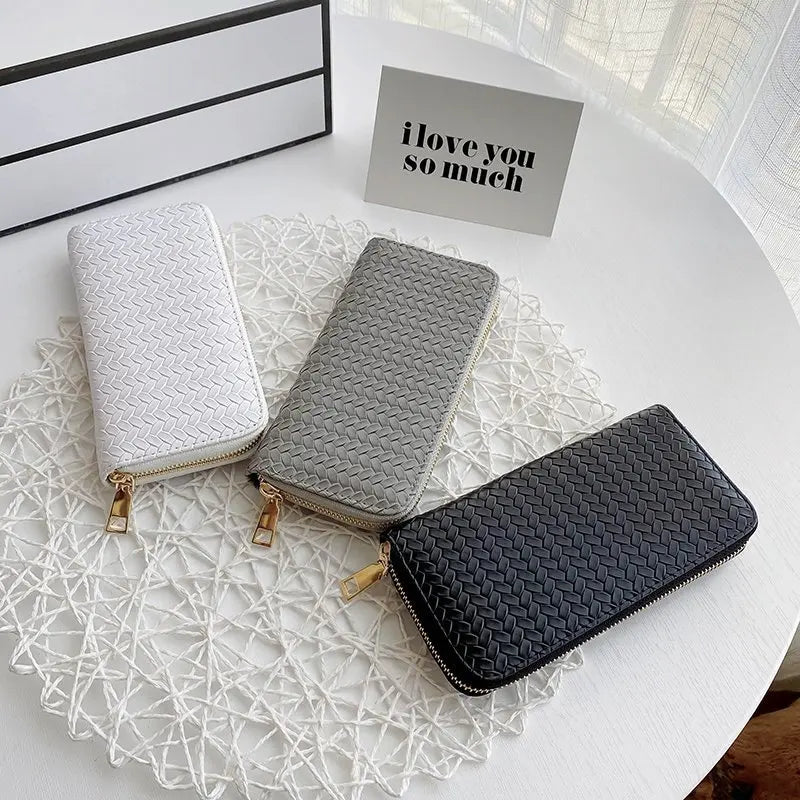 Women's Wallet Fashion Zipper Handbag Retro Women's Coin Purse Mobile Phone Bag PU Leather Woven Card Holder Money Bag