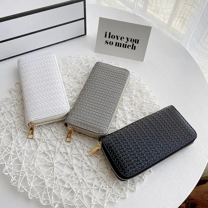 Women's Wallet Fashion Zipper Handbag Retro Women's Coin Purse Mobile Phone Bag PU Leather Woven Card Holder Money Bag