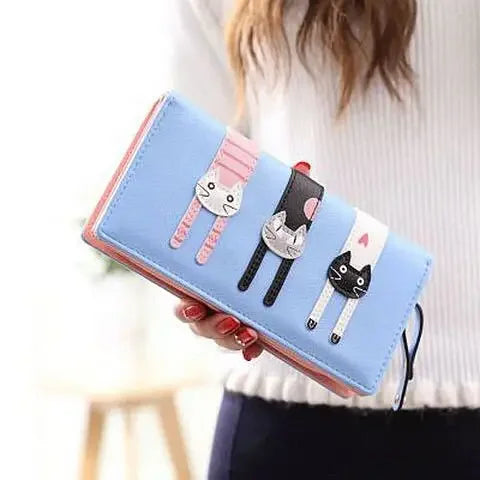 Women's Wallet Wear-resistant PU Leather Wallet Cute Cat Card Holder Mobile Phone Bag Long Clutch Coin Purse for Kids Girls