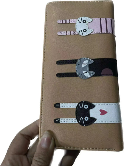 Women's Wallet Wear-resistant PU Leather Wallet Cute Cat Card Holder Mobile Phone Bag Long Clutch Coin Purse for Kids Girls