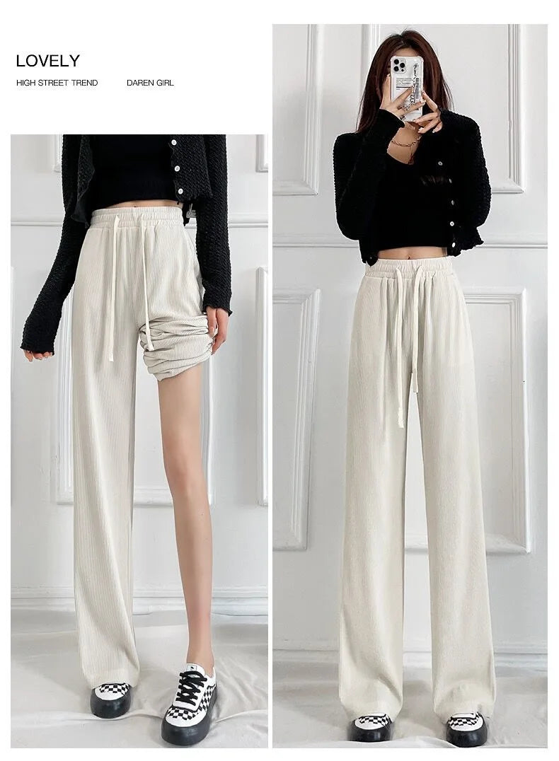 Women's Wide-Leg Pants Striped Long Loose Drawstring Pants Fashion Sporty High Waist Woven pant