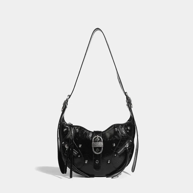 Women's waxed leather motorcycle armpit high quality crescent uette 2024 fashion rivet hand shoulder crossbody bag