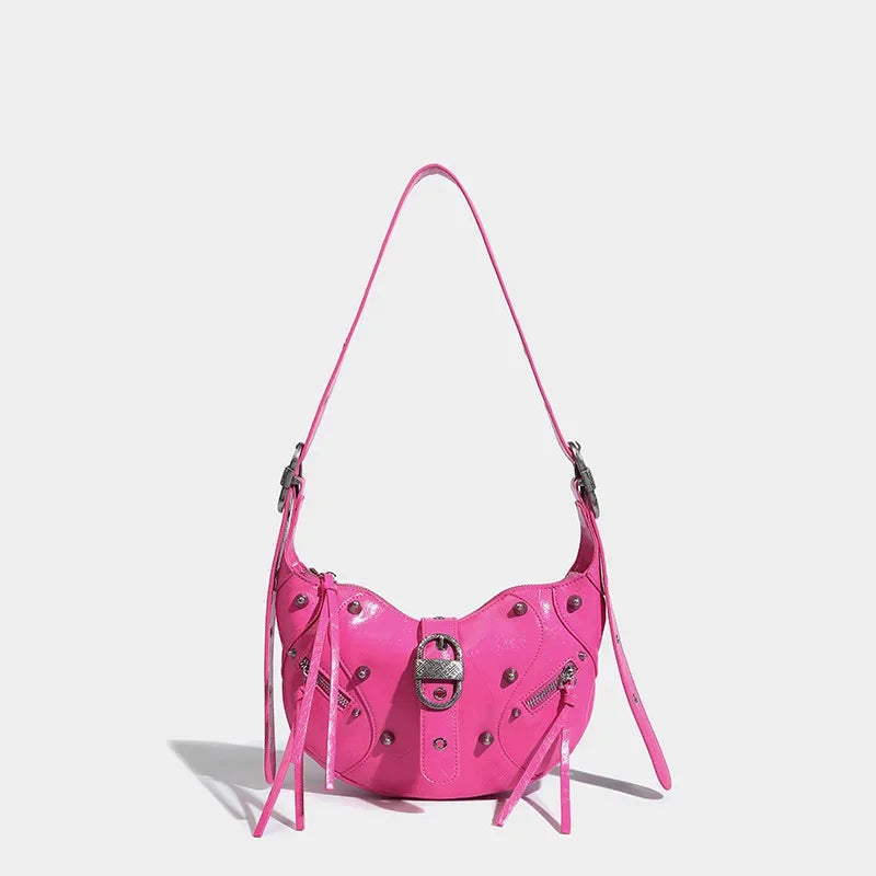 Women's waxed leather motorcycle armpit high quality crescent uette 2024 fashion rivet hand shoulder crossbody bag