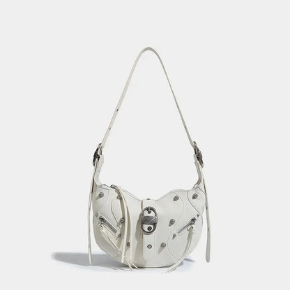 Women's waxed leather motorcycle armpit high quality crescent uette 2024 fashion rivet hand shoulder crossbody bag
