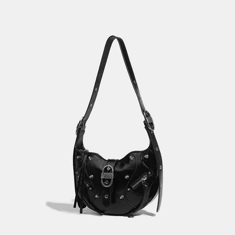 Women's waxed leather motorcycle armpit high quality crescent uette 2024 fashion rivet hand shoulder crossbody bag