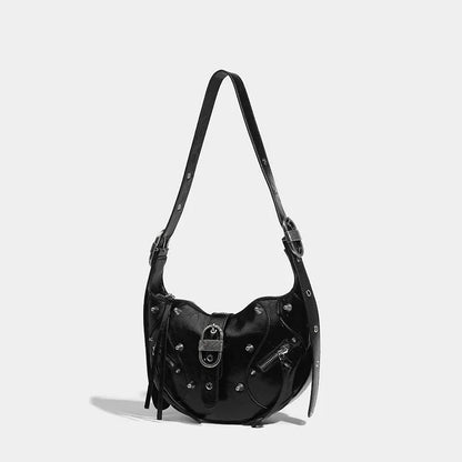 Women's waxed leather motorcycle armpit high quality crescent uette 2024 fashion rivet hand shoulder crossbody bag