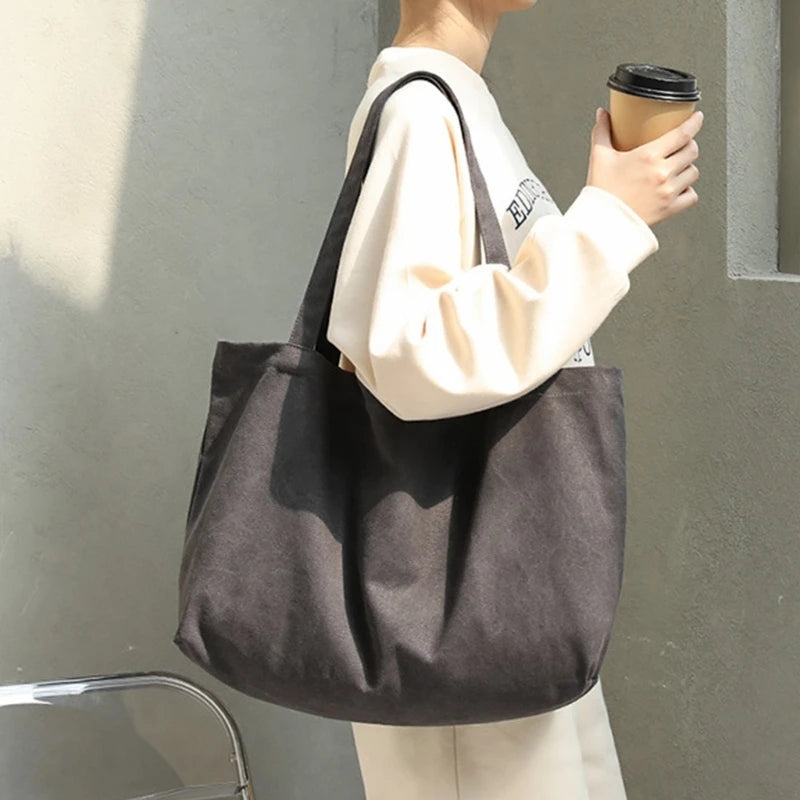 Womens Canvas Bags Female Solid Casual Handbags Girl Large Capacity Shoulder Bag