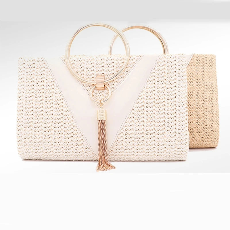 Womens Dinner Evening Handbag with Tassel Straw Banquet Purse Ring Handle Bag Wedding Party Prom Crossbody Bag