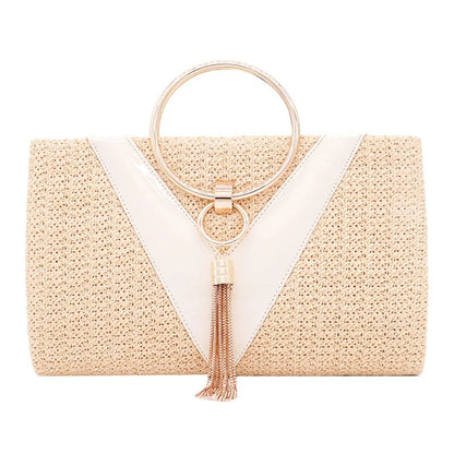Womens Dinner Evening Handbag with Tassel Straw Banquet Purse Ring Handle Bag Wedding Party Prom Crossbody Bag