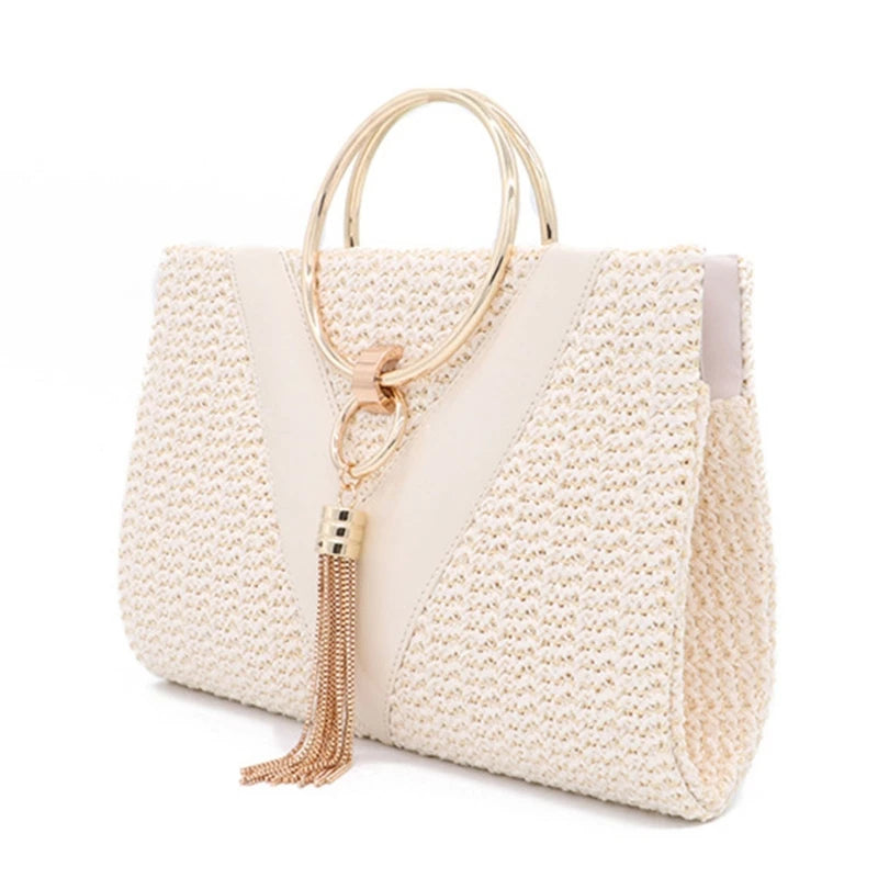 Womens Dinner Evening Handbag with Tassel Straw Banquet Purse Ring Handle Bag Wedding Party Prom Crossbody Bag