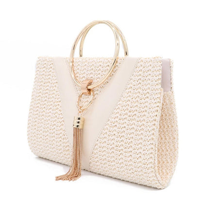 Womens Dinner Evening Handbag with Tassel Straw Banquet Purse Ring Handle Bag Wedding Party Prom Crossbody Bag
