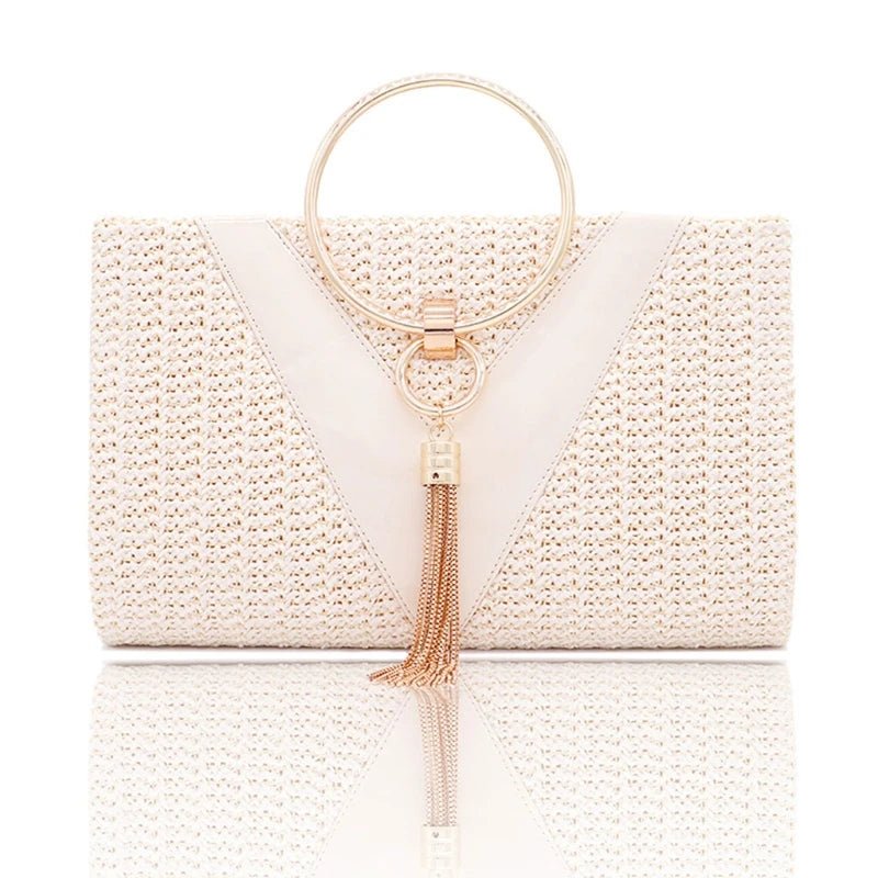Womens Dinner Evening Handbag with Tassel Straw Banquet Purse Ring Handle Bag Wedding Party Prom Crossbody Bag