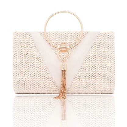 Womens Dinner Evening Handbag with Tassel Straw Banquet Purse Ring Handle Bag Wedding Party Prom Crossbody Bag