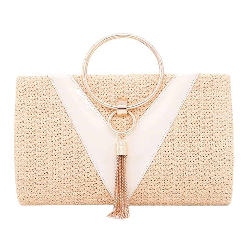 Womens Dinner Evening Handbag with Tassel Straw Banquet Purse Ring Handle Bag Wedding Party Prom Crossbody Bag