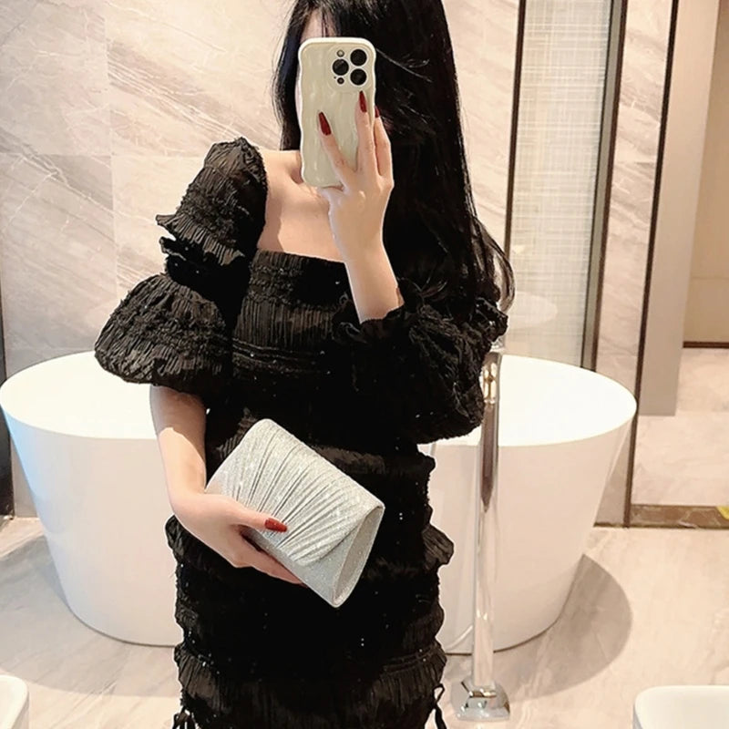 Womens Evening Bag Female Banquet Wedding Handbag Glitter Chain Strap Shoulder Bag Exquisite Clutch Purse for Prom Party