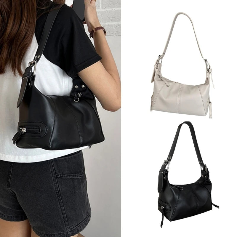 Womens Motorcyclist Handbag All-matching Shoulder Bag Stylish Underarm Bag Small Hobo Bag PU Leather Tote Casual Bag Ins