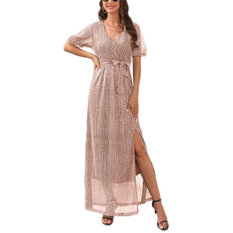Womens Summer Wrap Maxi Dress Glitter V Neck Short Puff Sleeve Split Hem Dress