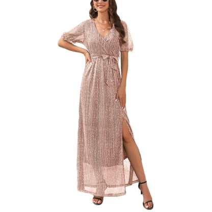 Womens Summer Wrap Maxi Dress Glitter V Neck Short Puff Sleeve Split Hem Dress