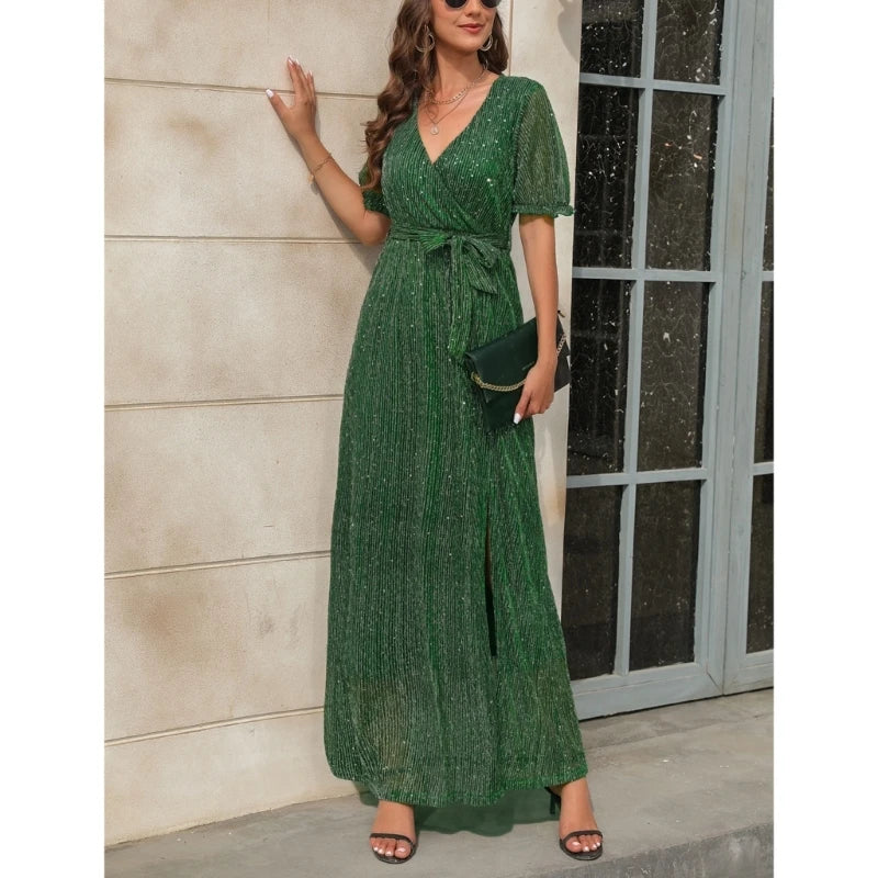 Womens Summer Wrap Maxi Dress Glitter V Neck Short Puff Sleeve Split Hem Dress