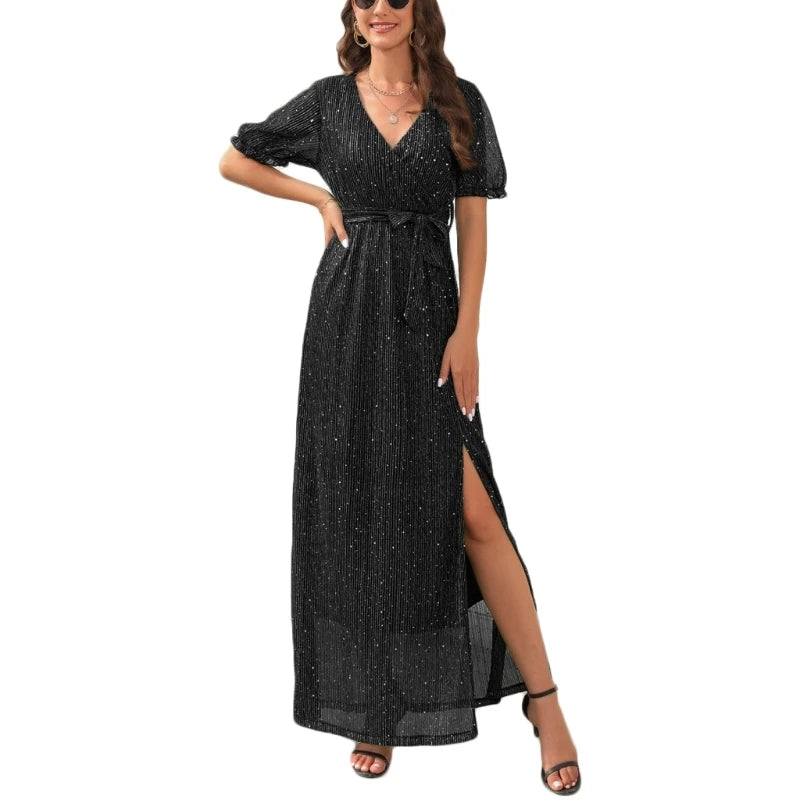 Womens Summer Wrap Maxi Dress Glitter V Neck Short Puff Sleeve Split Hem Dress