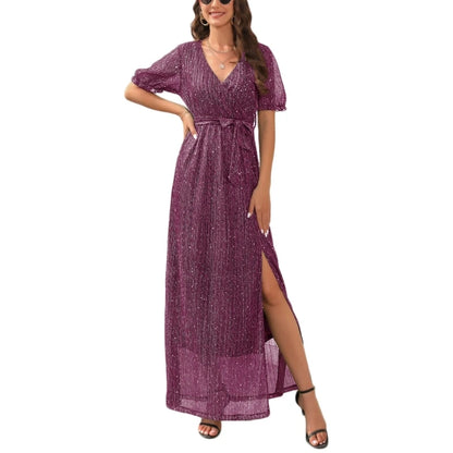 Womens Summer Wrap Maxi Dress Glitter V Neck Short Puff Sleeve Split Hem Dress