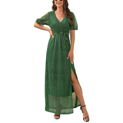Womens Summer Wrap Maxi Dress Glitter V Neck Short Puff Sleeve Split Hem Dress