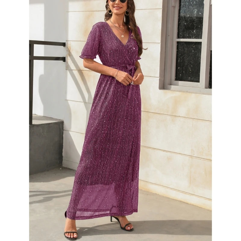 Womens Summer Wrap Maxi Dress Glitter V Neck Short Puff Sleeve Split Hem Dress