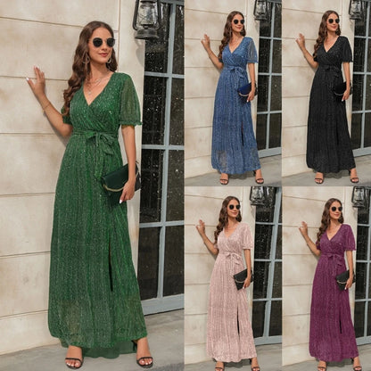 Womens Summer Wrap Maxi Dress Glitter V Neck Short Puff Sleeve Split Hem Dress