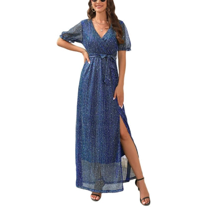 Womens Summer Wrap Maxi Dress Glitter V Neck Short Puff Sleeve Split Hem Dress