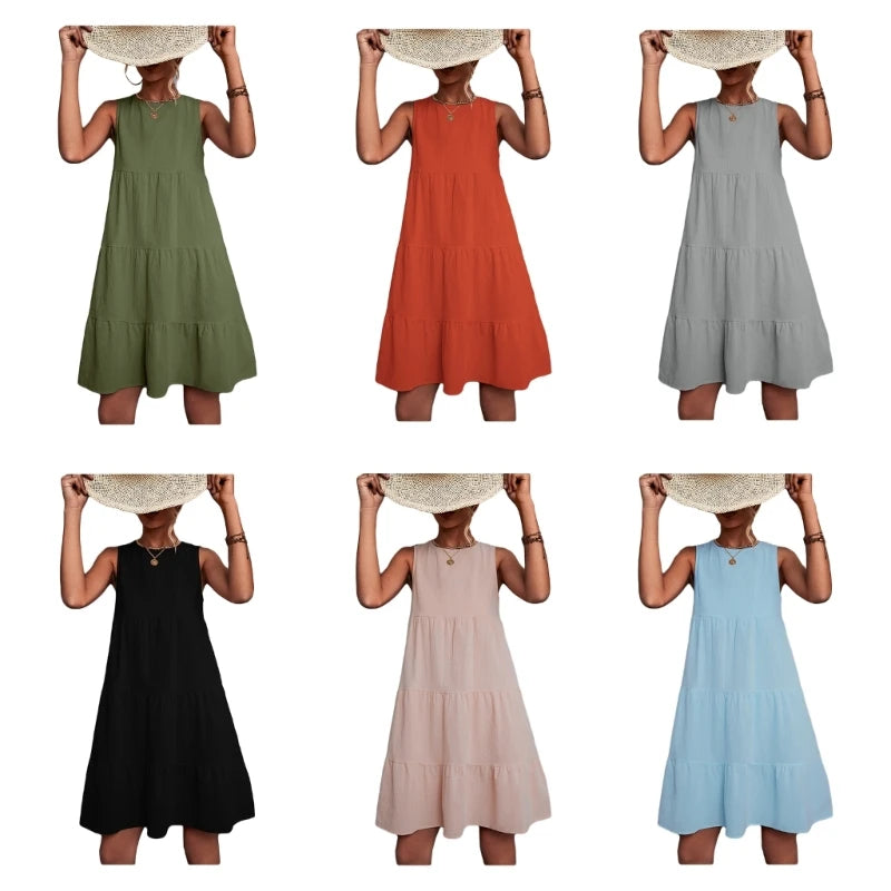 Womens Swing Dress Sleeveless Round Neck Dress Summer Casual Loose Flowy Swing Dresses Cute Cover up Dress