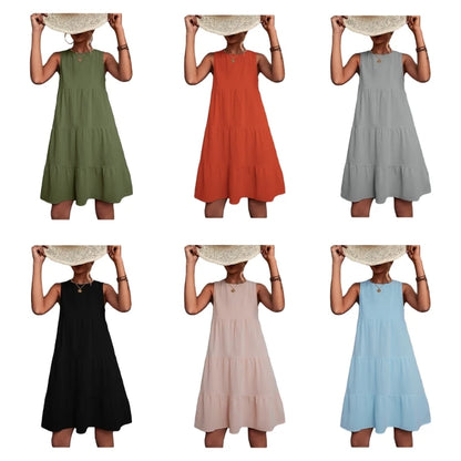 Womens Swing Dress Sleeveless Round Neck Dress Summer Casual Loose Flowy Swing Dresses Cute Cover up Dress