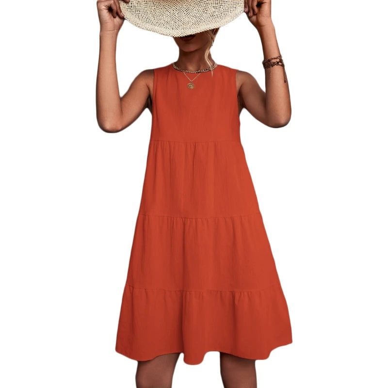Womens Swing Dress Sleeveless Round Neck Dress Summer Casual Loose Flowy Swing Dresses Cute Cover up Dress