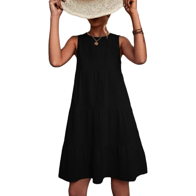 Womens Swing Dress Sleeveless Round Neck Dress Summer Casual Loose Flowy Swing Dresses Cute Cover up Dress
