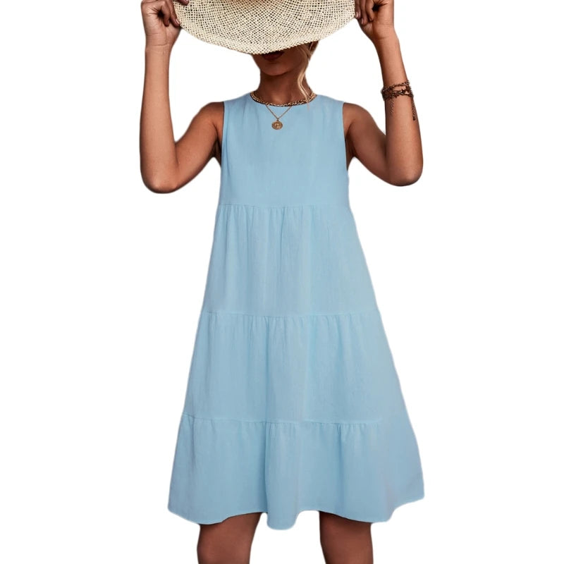 Womens Swing Dress Sleeveless Round Neck Dress Summer Casual Loose Flowy Swing Dresses Cute Cover up Dress