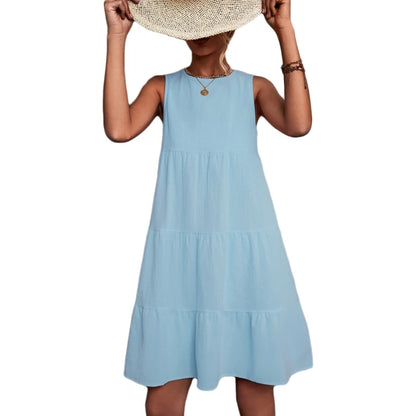 Womens Swing Dress Sleeveless Round Neck Dress Summer Casual Loose Flowy Swing Dresses Cute Cover up Dress