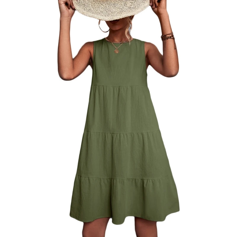 Womens Swing Dress Sleeveless Round Neck Dress Summer Casual Loose Flowy Swing Dresses Cute Cover up Dress
