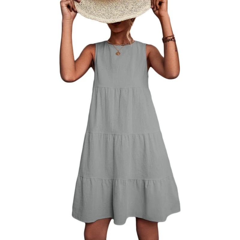 Womens Swing Dress Sleeveless Round Neck Dress Summer Casual Loose Flowy Swing Dresses Cute Cover up Dress
