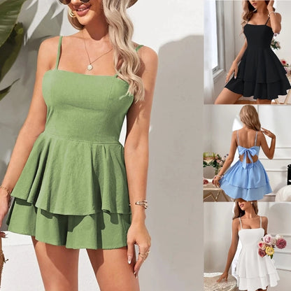 Womens Tie Back Backless Summer Dress Spaghetti Strap Sleeveless Cami Mini A Line Dress Ruffle Hem Swing Flowy Dress