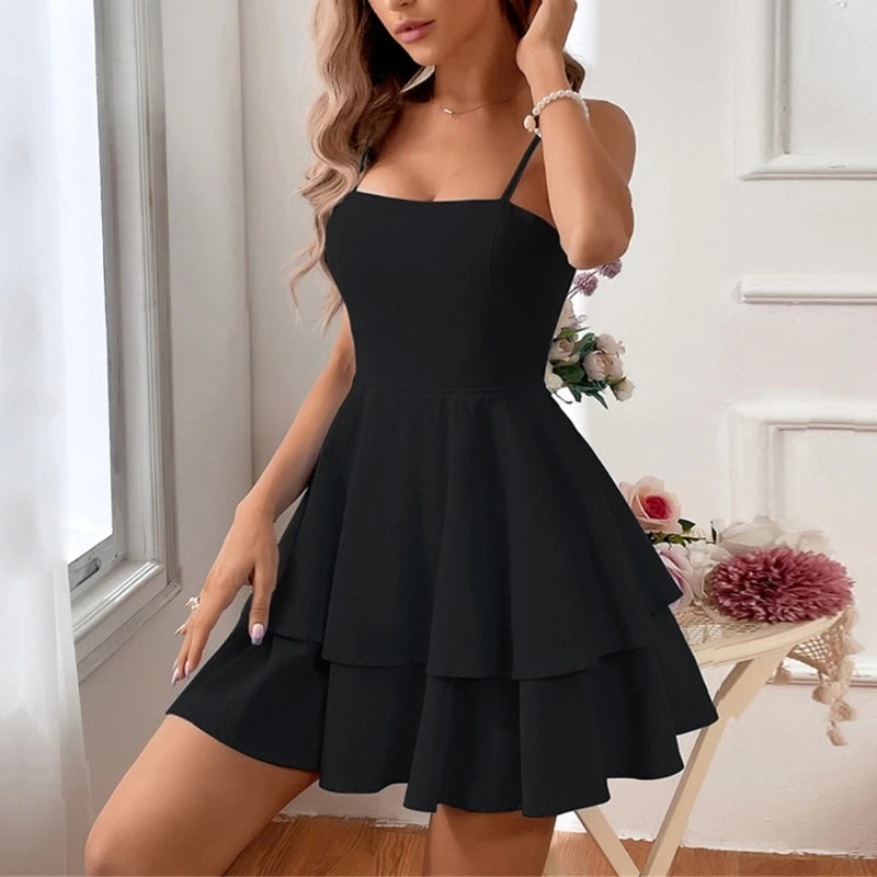 Womens Tie Back Backless Summer Dress Spaghetti Strap Sleeveless Cami Mini A Line Dress Ruffle Hem Swing Flowy Dress