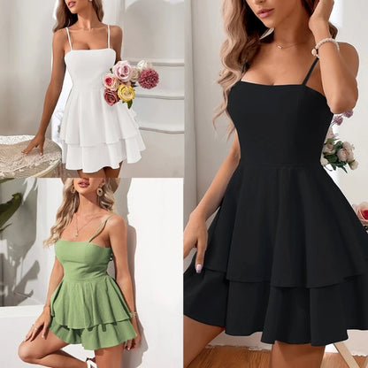 Womens Tie Back Backless Summer Dress Spaghetti Strap Sleeveless Cami Mini A Line Dress Ruffle Hem Swing Flowy Dress