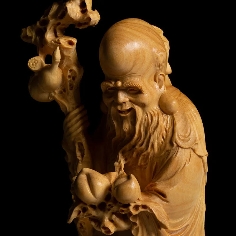 Wood Birthday Star Statue Longevity God Figure Chinese Folk Crafts Old Man Gift Wood Carving For Home Decorations