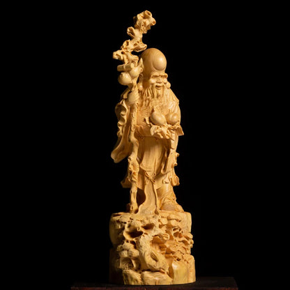 Wood Birthday Star Statue Longevity God Figure Chinese Folk Crafts Old Man Gift Wood Carving For Home Decorations
