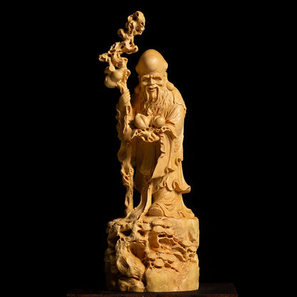 Wood Birthday Star Statue Longevity God Figure Chinese Folk Crafts Old Man Gift Wood Carving For Home Decorations