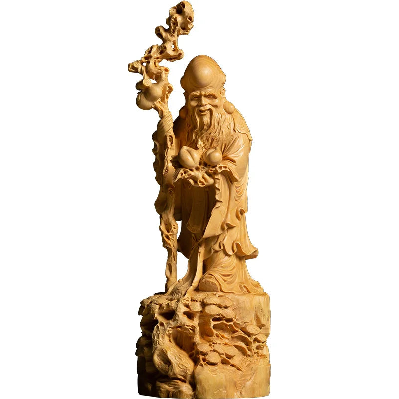 Wood Birthday Star Statue Longevity God Figure Chinese Folk Crafts Old Man Gift Wood Carving For Home Decorations