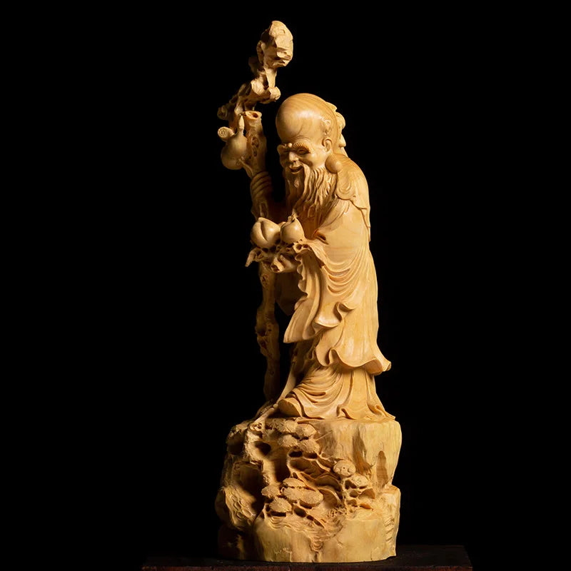 Wood Birthday Star Statue Longevity God Figure Chinese Folk Crafts Old Man Gift Wood Carving For Home Decorations