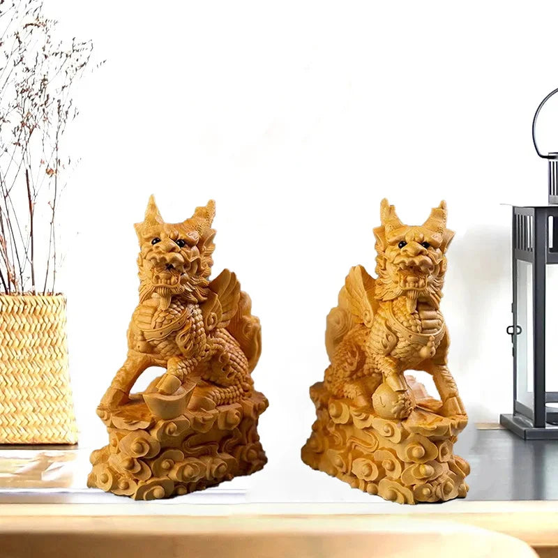 Wood Carving 10cm Kirin Mascot Statue Solid Wood Art Carving Chinese God Beast Animal Wood Statue Home Room, Office Car Decor